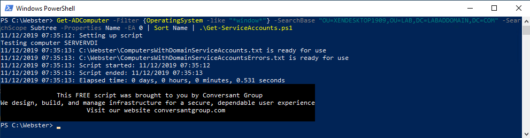 Figure 3 (Get-ADComputer -Filter {OperatingSystem -like "*window*"} -SearchBase "OU=XENDESKTOP1909,OU=LAB,DC=LABADDOMAIN,DC=COM" -SearchScope Subtree -Properties Name -EA 0 | Sort Name | .\Get-ServiceAccounts.ps1)